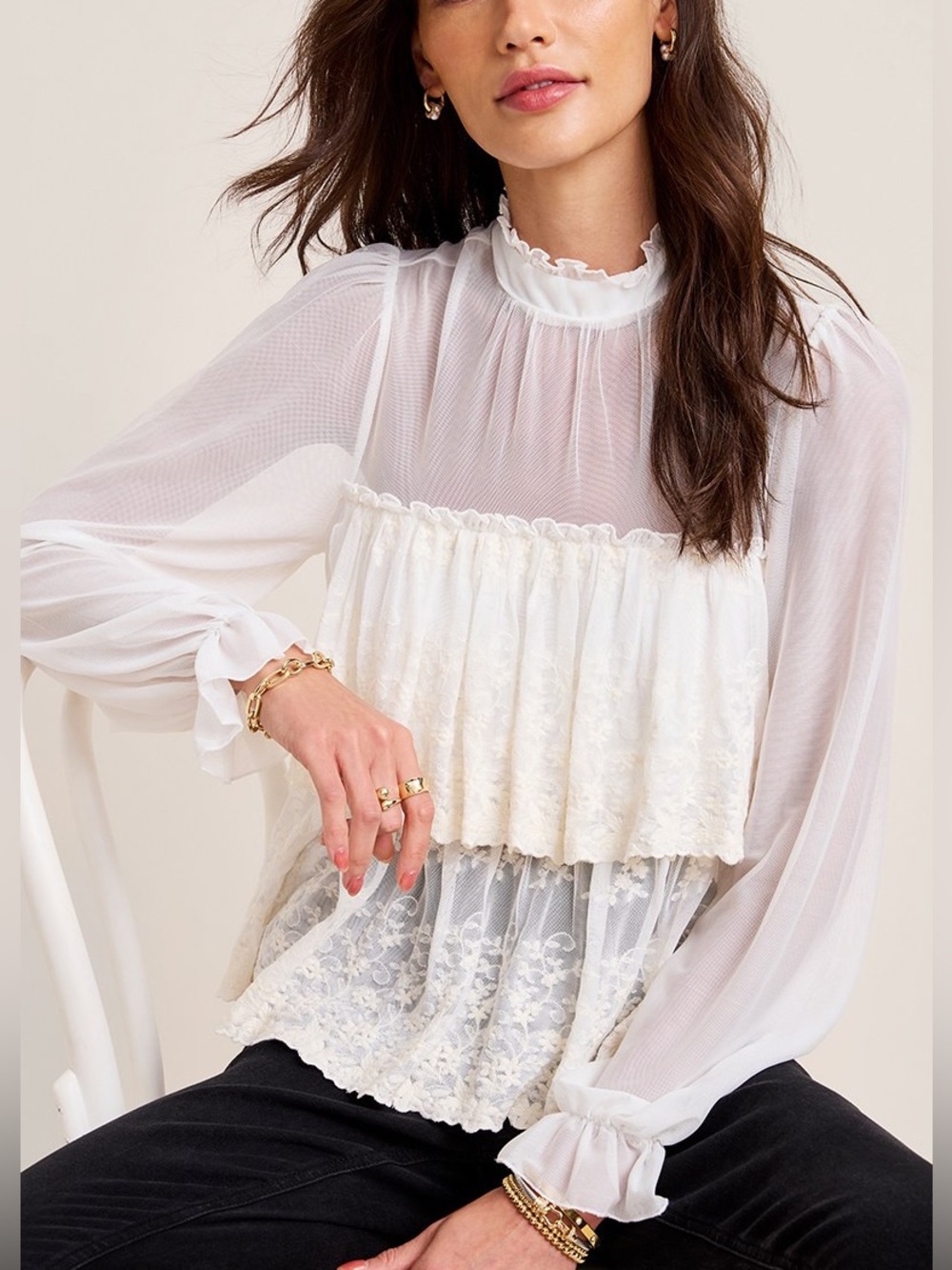 🟠NWT FRANCESCAS Romantic Arya Lace Ruffle Tiered Blouse in Ivory